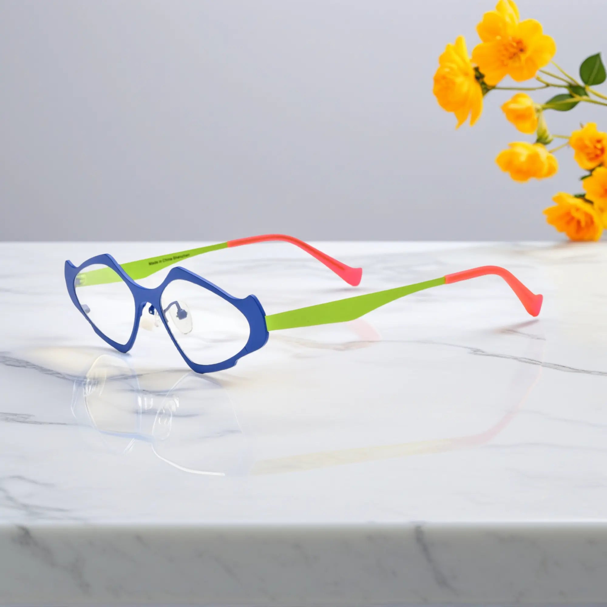 Side profile of VoyueLens™ VL185811 Blue Lime titanium geometric eyeglasses